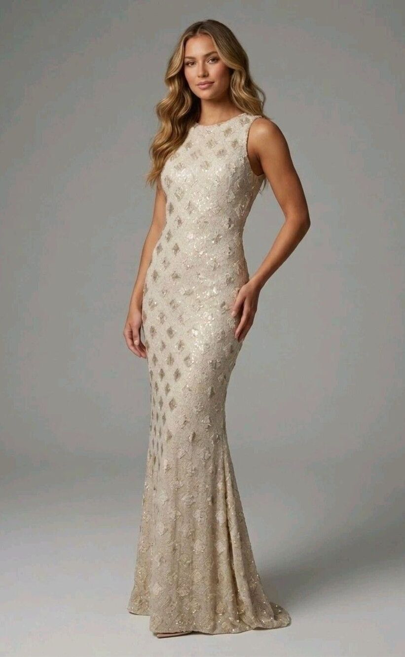 Dress The Population XS Ivory Sequin Mermaid Gown Formal V-Back Dress